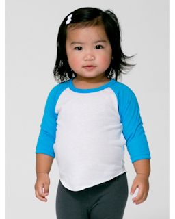 Sample of American Apparel BB053W Infant Poly-Cotton 3/4-Sleeve T-Shirt in WHT NE HT BLU from side front