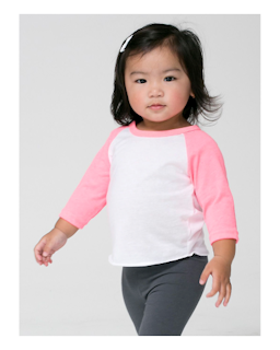 Sample of American Apparel BB053W Infant Poly-Cotton 3/4-Sleeve T-Shirt in WHT NE HT PNK from side front