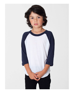 Sample of American Apparel BB153W Toddler Poly-Cotton 3/4-Sleeve T-Shirt in WHITE NAVY from side front