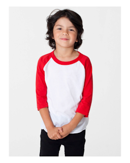 Sample of American Apparel BB153W Toddler Poly-Cotton 3/4-Sleeve T-Shirt in WHITE RED from side front
