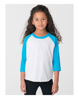Sample of American Apparel BB153W Toddler Poly-Cotton 3/4-Sleeve T-Shirt in WHT NEO HTR BLU from side front