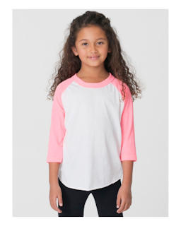 Sample of American Apparel BB153W Toddler Poly-Cotton 3/4-Sleeve T-Shirt in WHT NEO HTR PNK from side front