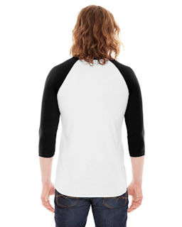 Sample of American Apparel BB453 Unisex Poly-Cotton USA Made 3/4-Sleeve Raglan T-Shirt in WHITE BLACK from side back