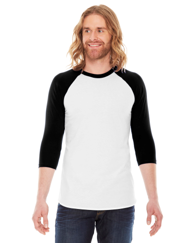 Sample of American Apparel BB453 Unisex Poly-Cotton USA Made 3/4-Sleeve Raglan T-Shirt in WHITE BLACK style
