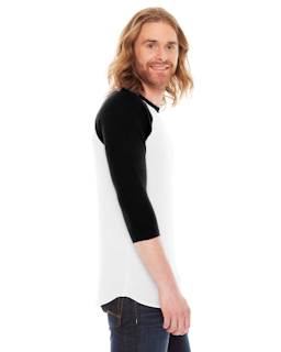 Sample of American Apparel BB453 Unisex Poly-Cotton USA Made 3/4-Sleeve Raglan T-Shirt in WHITE BLACK from side sleeveleft