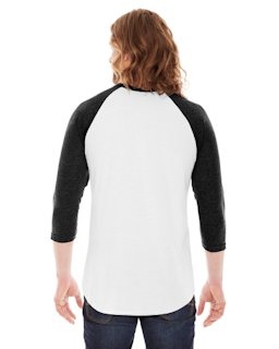 Sample of American Apparel BB453 Unisex Poly-Cotton USA Made 3/4-Sleeve Raglan T-Shirt in WHITE HTH BLACK from side back