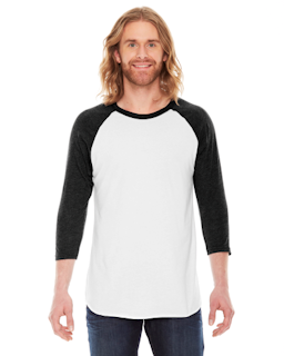 Sample of American Apparel BB453 Unisex Poly-Cotton USA Made 3/4-Sleeve Raglan T-Shirt in WHITE HTH BLACK from side front