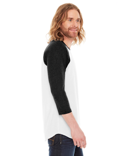 Sample of American Apparel BB453 Unisex Poly-Cotton USA Made 3/4-Sleeve Raglan T-Shirt in WHITE HTH BLACK from side sleeveleft