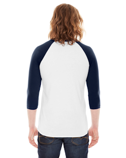 Sample of American Apparel BB453 Unisex Poly-Cotton USA Made 3/4-Sleeve Raglan T-Shirt in WHITE NAVY from side back