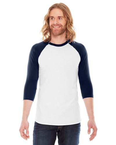 Sample of American Apparel BB453 Unisex Poly-Cotton USA Made 3/4-Sleeve Raglan T-Shirt in WHITE NAVY style