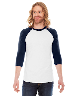 Sample of American Apparel BB453 Unisex Poly-Cotton USA Made 3/4-Sleeve Raglan T-Shirt in WHITE NAVY from side front