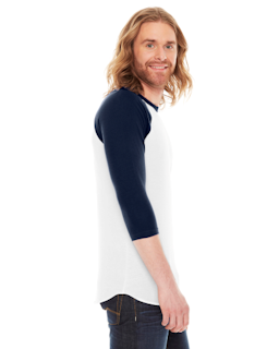Sample of American Apparel BB453 Unisex Poly-Cotton USA Made 3/4-Sleeve Raglan T-Shirt in WHITE NAVY from side sleeveleft