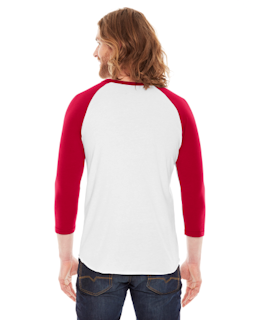 Sample of American Apparel BB453 Unisex Poly-Cotton USA Made 3/4-Sleeve Raglan T-Shirt in WHITE RED from side back