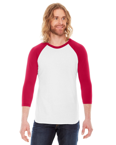 Sample of American Apparel BB453 Unisex Poly-Cotton USA Made 3/4-Sleeve Raglan T-Shirt in WHITE RED style
