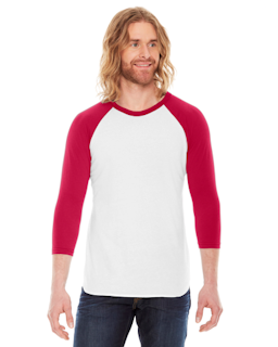 Sample of American Apparel BB453 Unisex Poly-Cotton USA Made 3/4-Sleeve Raglan T-Shirt in WHITE RED from side front