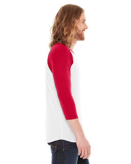Sample of American Apparel BB453 Unisex Poly-Cotton USA Made 3/4-Sleeve Raglan T-Shirt in WHITE RED from side sleeveleft