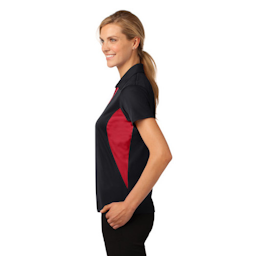 Sample of Sport-Tek Ladies Side Blocked Micropique Sport-Wick Polo in Black True Red from side sleeveleft