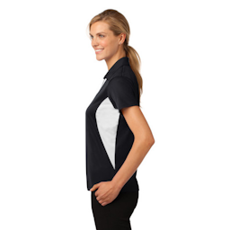 Sample of Sport-Tek Ladies Side Blocked Micropique Sport-Wick Polo in Black White from side sleeveleft