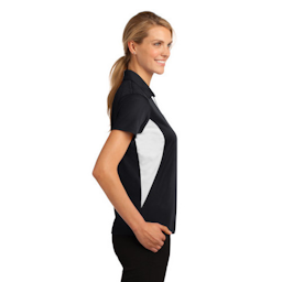 Sample of Sport-Tek Ladies Side Blocked Micropique Sport-Wick Polo in Black White from side sleeveright