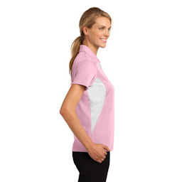 Sample of Sport-Tek Ladies Side Blocked Micropique Sport-Wick Polo in Lt Pink White from side sleeveright