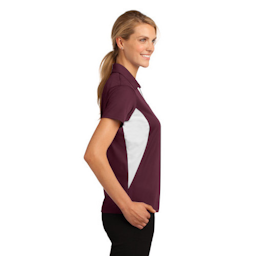Sample of Sport-Tek Ladies Side Blocked Micropique Sport-Wick Polo in Maroon White from side sleeveright
