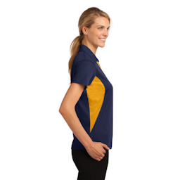 Sample of Sport-Tek Ladies Side Blocked Micropique Sport-Wick Polo in True Navy Gold from side sleeveright