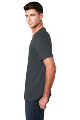 Sample of District Made Mens Perfect Blend Crew Tee in Charcoal from side sleeveleft