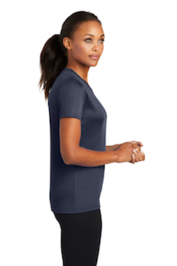 Sample of Port & Company Ladies Essential Performance Tee in Deep Navy from side sleeveright