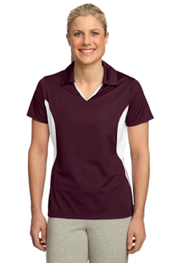 Sample of Sport-Tek Ladies Side Blocked Micropique Sport-Wick Polo in Maroon White from side front
