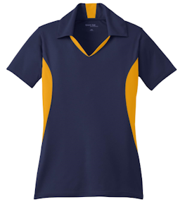 Sample of Sport-Tek Ladies Side Blocked Micropique Sport-Wick Polo in True Navy Gold from side front
